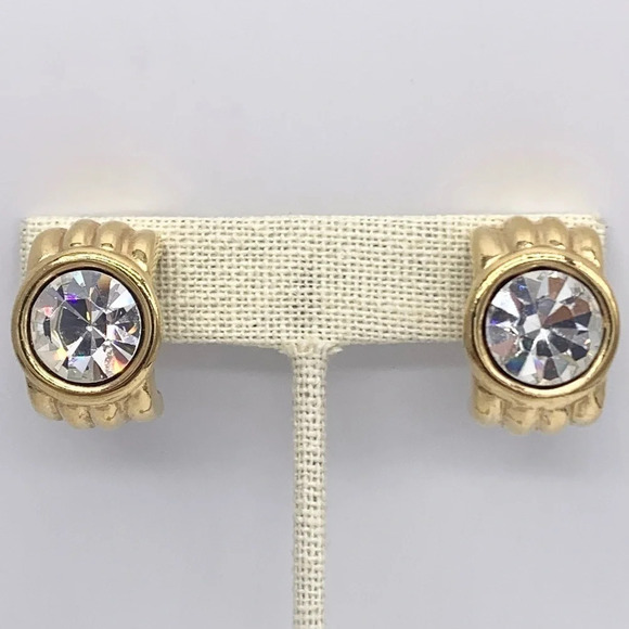 Givenchy Vintage Gold Ribbed Crystal Earrings - Picture 1 of 7